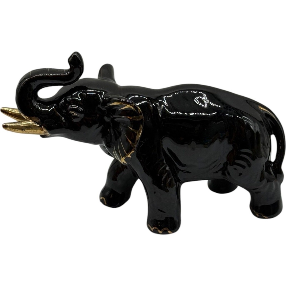 Black Elephant Figurine Gold Accents Ceramic Animal Statue Home Decor - Picture 4 of 9